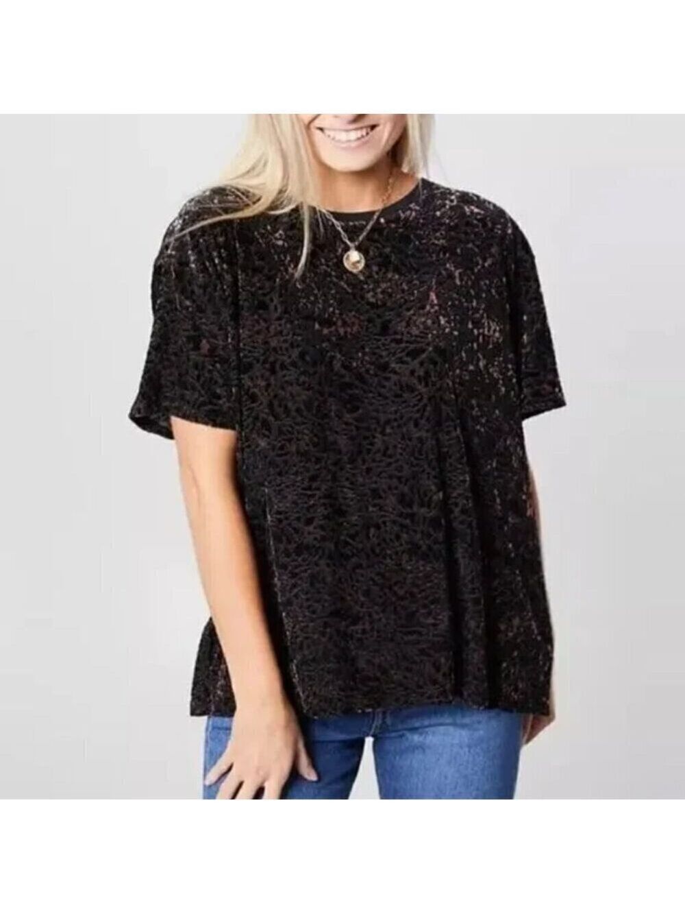 Free People We the Free Burnout Teddy Boxy Tee in Crushed Velvet Cheetah Combo